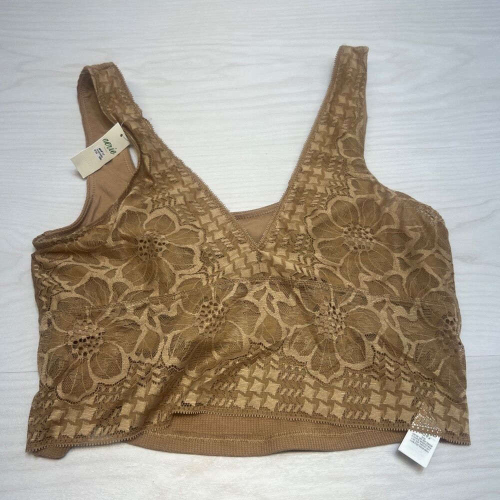 Aerie Women's brown Lace V neck Bralette w/‎ Built-in Bra Size L NWT
